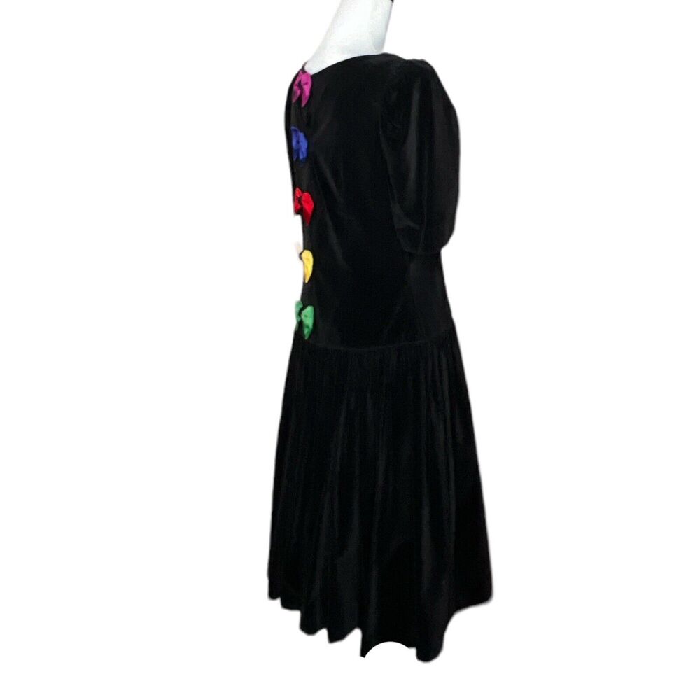 Vintage Black Velvet 80s Drop Waist Back Rainbow Bows Whimsygoth Dress 11/12 S - Picture 4 of 8